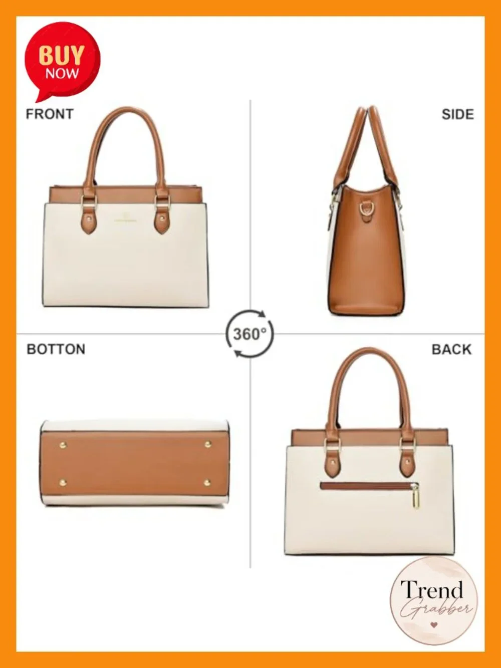 Dual-tone Faux Leather Satchel Tote Handbag with Crossbody Strap